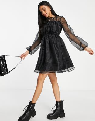 NA-KD round neck organza dress in black