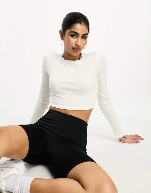 NA-KD round neck ribbed long sleeve crop top in white