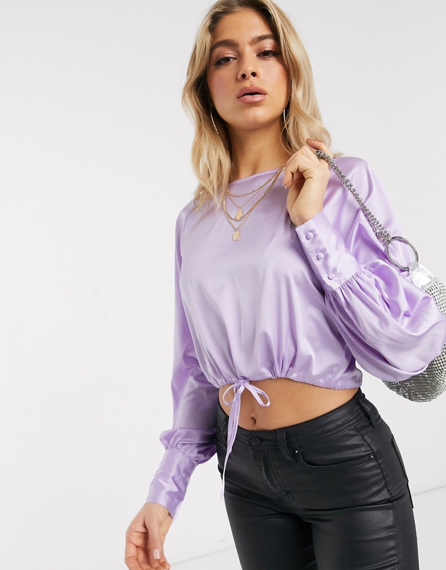 NA-KD round neck satin top with drawstring waist in lilac-Purple