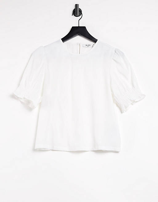  NA-KD round neck shirred sleeve top in white 