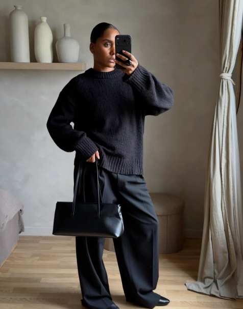 NA-KD Round neck wool blend knitted sweater in black - view 1