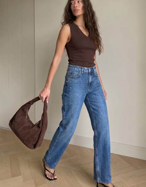 NA-KD Route mid waist straight jeans in mid blue - view 1
