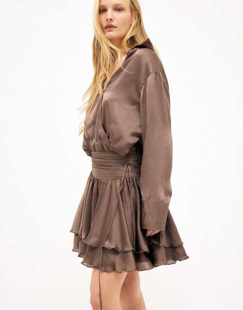 NA-KD Ruched waist mini shirt dress in brown - view 1