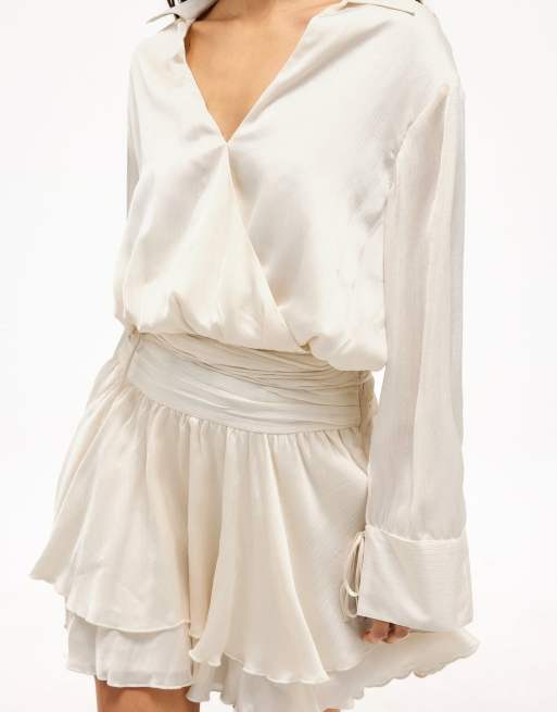 NA-KD Ruched waist mini shirt dress in cream, 4 of 4