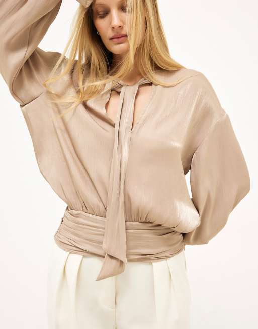 NA-KD Ruched waist ruffle blouse in light beige, 2 of 5