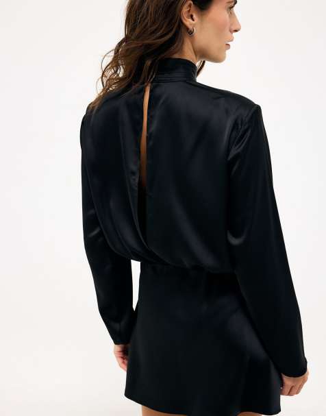 NA-KD Satin back detail mini dress in black - view 1