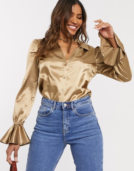 NA-KD satin blouse with frill sleeves in gold