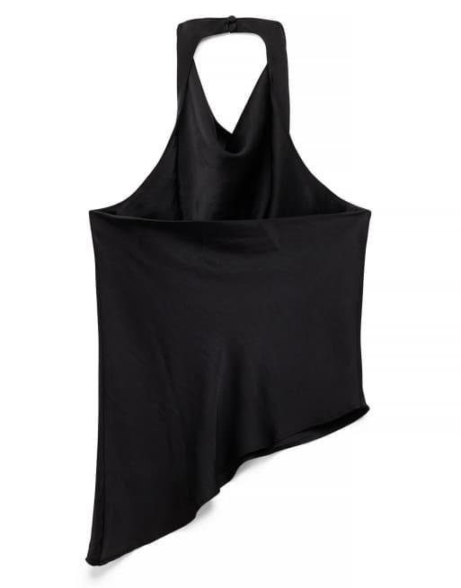 NA-KD Satin draped asymmetric halterneck top in black, 5 of 5