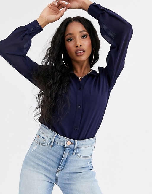 NA-KD satin puff sleeve blouse in navy