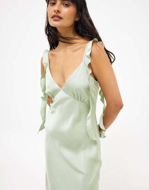 NA-KD Satin ruffle shoulder maxi dress in sage green - view 1