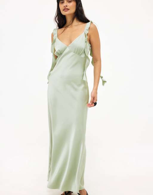green satin ruffle dress Eden Silk Ruffle Slit Maxi Dress