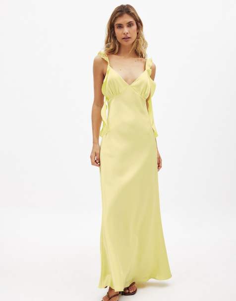 NA-KD Satin ruffle shoulder maxi dress in yellow - view 1