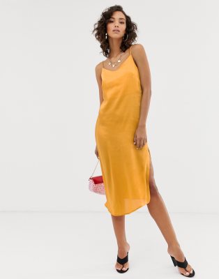 yellow satin slip dress