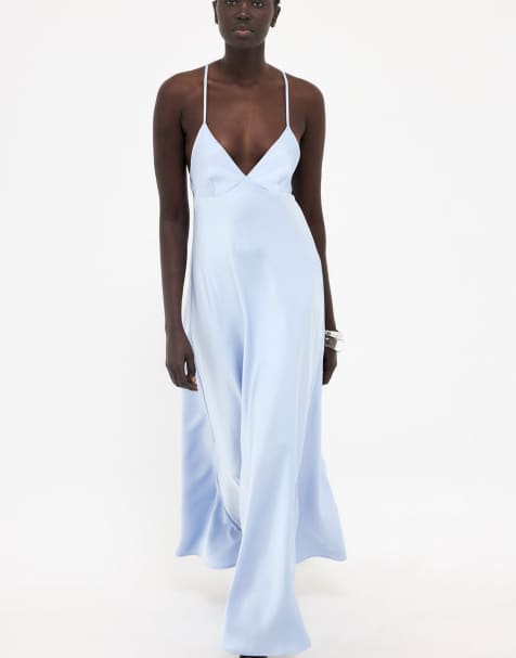 NA-KD Satin tie back volume dress in light blue - view 1