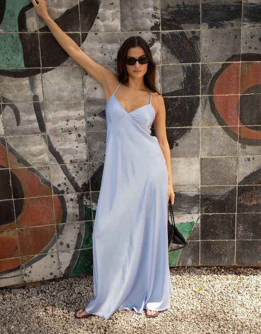 NA-KD Satin tie back volume dress in light blue, 5 of 5
