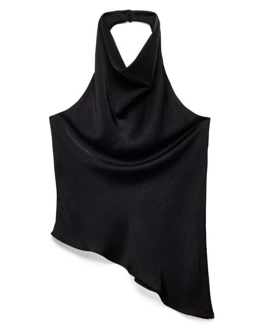NA-KD Satin-Top mit Drapierung, asymmetrisch, mit Neckholder in Schwarz, 4 von 5