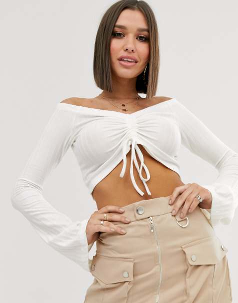 NA-KD – Schulterfreies, geripptes Oberteil in Weiß mit kurzem Schnitt und Kordelzug