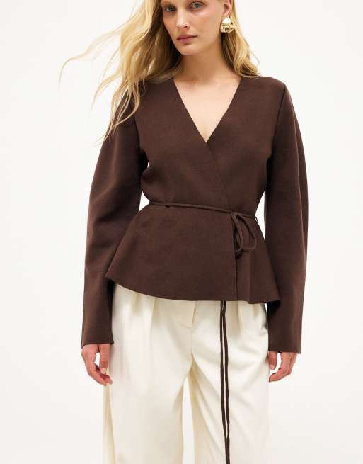 NA-KD Sculpted sleeve fitted cardigan in dark brown, 2 of 4