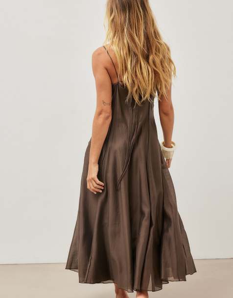 NA-KD Seam detail strap midi dress in brown - view 1