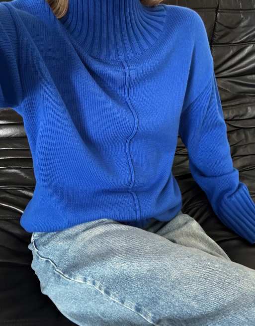 NA-KD Seam detail turtleneck knit sweater in blue, 5 of 5