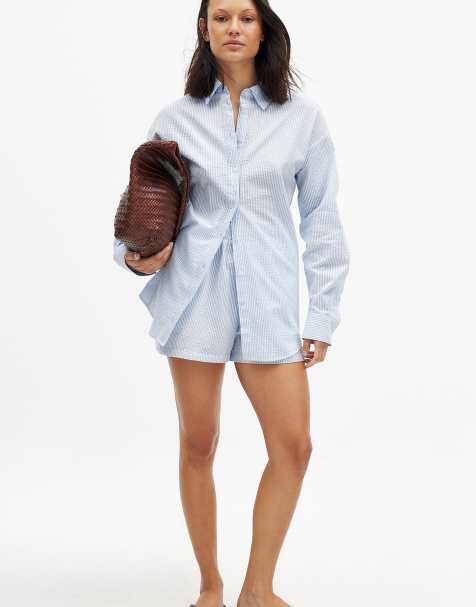 NA-KD Seersucker long sleeve shirt in blue stripe - view 1