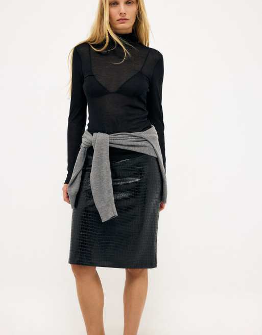 NA-KD Semi sheer long sleeve polo jersey top in black, 3 of 5