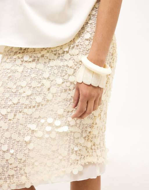 NA-KD Sequin knee length skirt in light yellow, 4 of 5