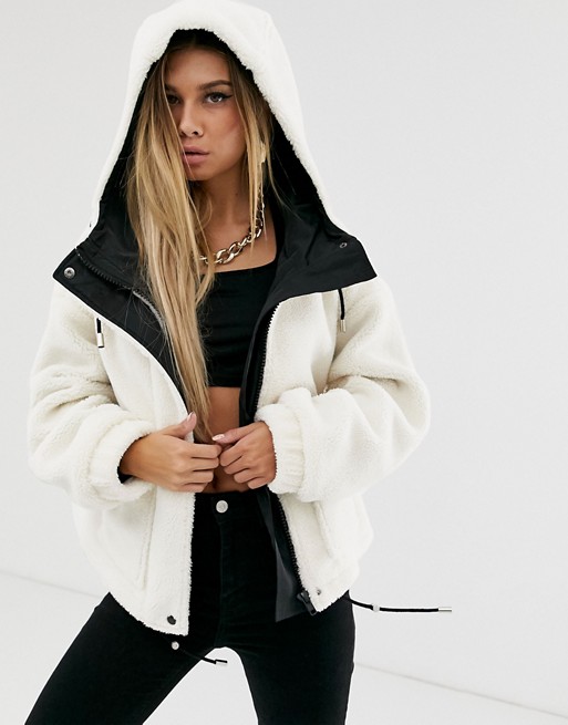 NA-KD shearling hooded jacket with oversized pockets in off white
