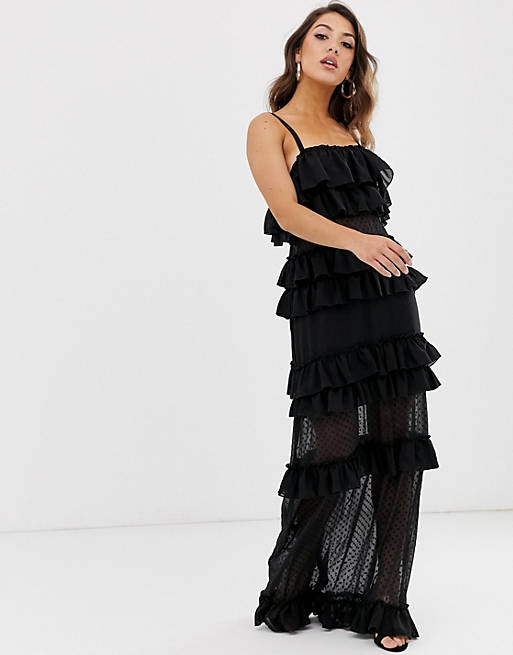Na-kd sheer ruffle maxi dress in black | ASOS