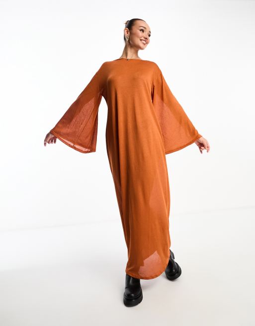 Rust long 2025 sleeve maxi dress