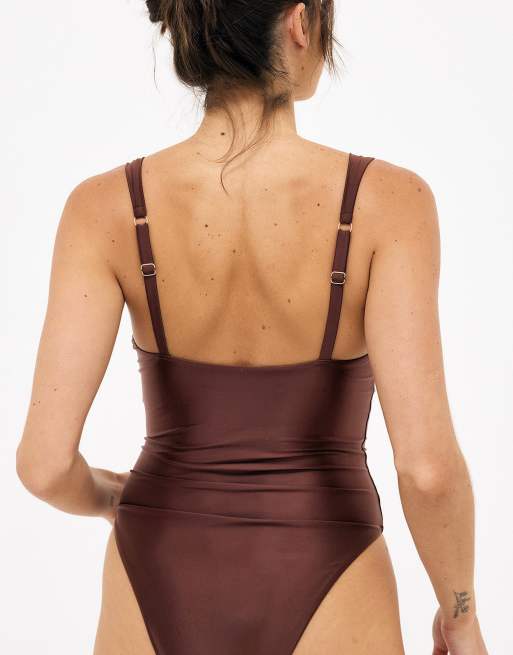 NA-KD Shiny wide strap swimsuit in brown, 2 of 5