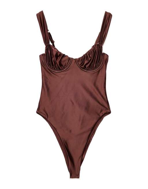 NA-KD Shiny wide strap swimsuit in brown, 4 of 5