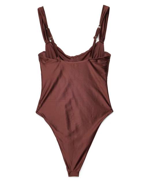 NA-KD Shiny wide strap swimsuit in brown, 5 of 5
