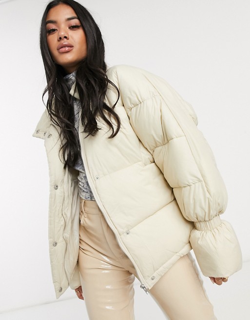 NA-KD short puffer jacket with elastic detailed sleeves in off white