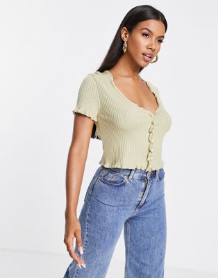 NA-KD short sleeve cardigan with faux pearl buttons in light green - ASOS Price Checker