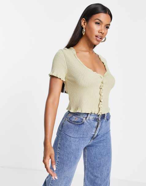 NA-KD short sleeve cardigan with faux pearl buttons in light green - view 1
