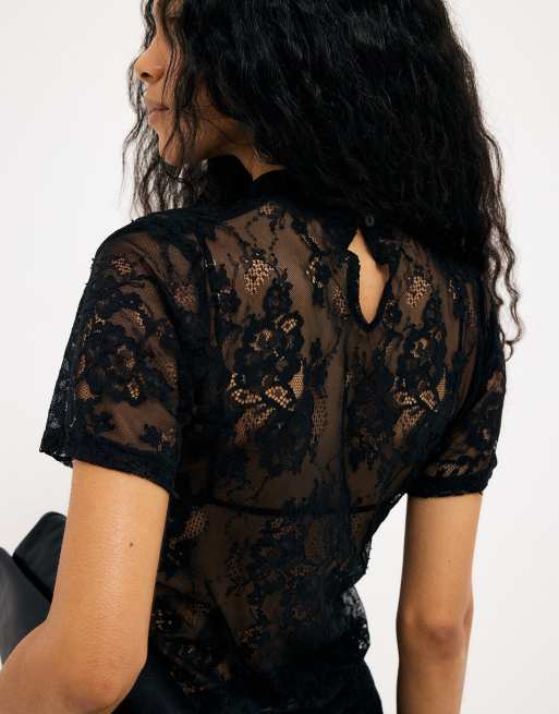 NA-KD Short sleeve lace top in black, 2 of 5