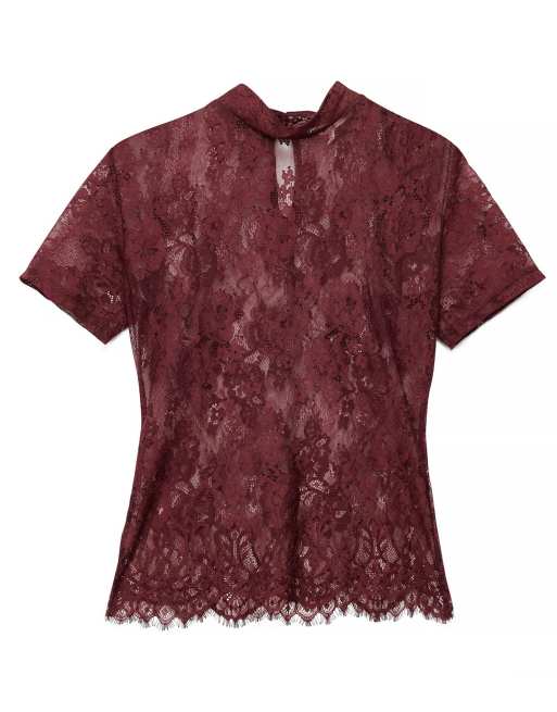NA-KD Short sleeve lace top in dark red, 4 of 5