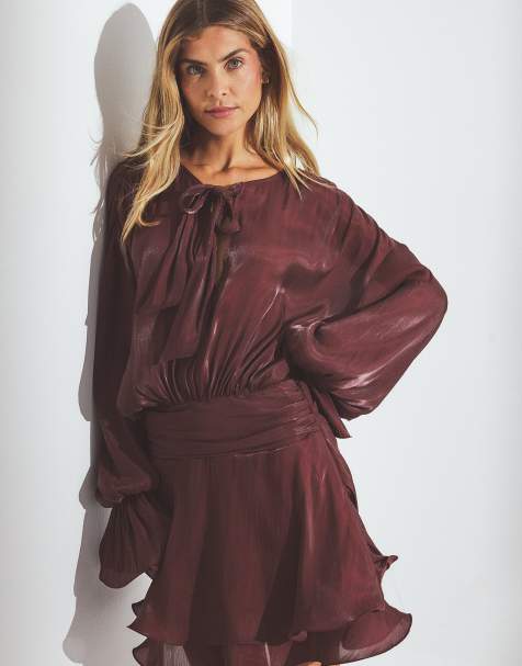 NA-KD Shpresa - ruched waist ruffle mini dress in burgundy - view 1