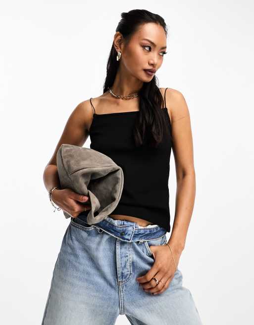 NA-KD shrunken spaghetti strap top in black