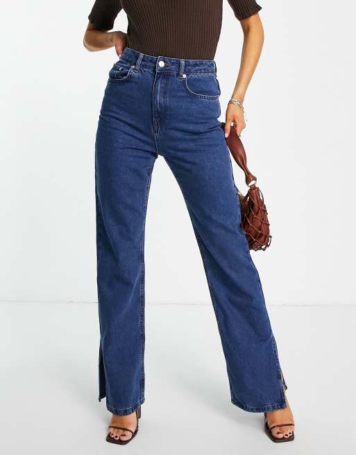 Women Mid Blue High Waisted Straight Leg Jeans with side Split