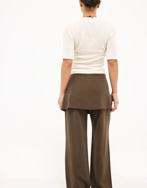 NA-KD Skirt detail wide leg trouser in khaki green - view 1