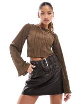 Reclaimed Vintage off shoulder long sleeve top in chocolate brown