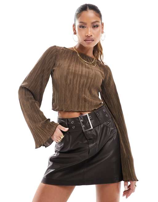 NA-KD slash neck flute sleeve plisse top in brown
