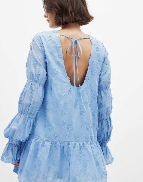 NA-KD Sleeve detail deep back dress in light blue - view 1