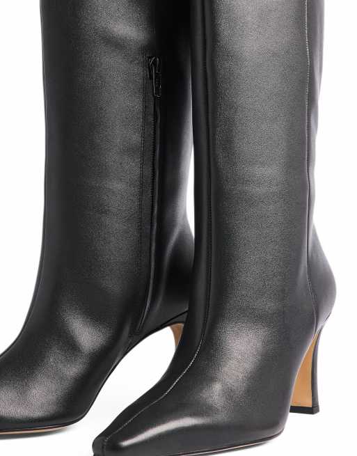 NA-KD Slim toe leather knee high boots in black, 3 of 5