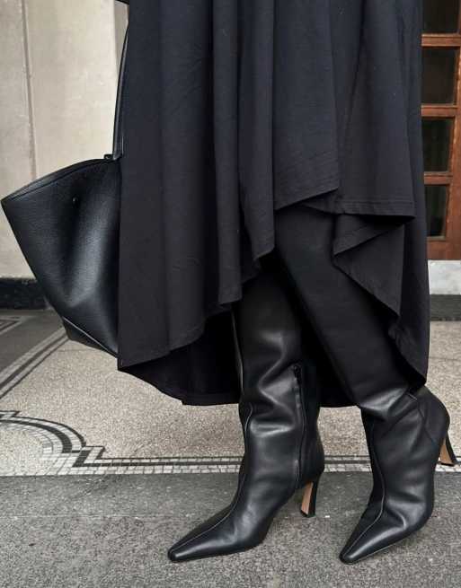 NA-KD Slim toe leather knee high boots in black, 5 of 5