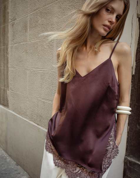 NA-KD Slit detail lace singlet in dark red - view 1