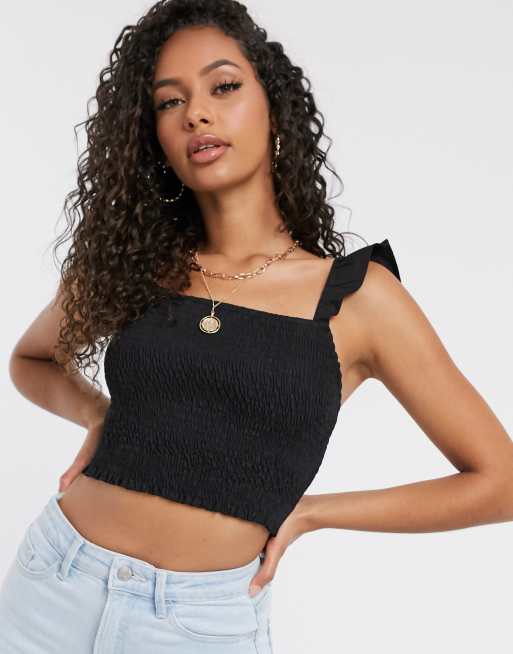 NA-KD smocked ruffle strap crop top in black