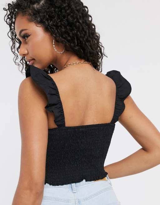 NA-KD smocked ruffle strap crop top in black